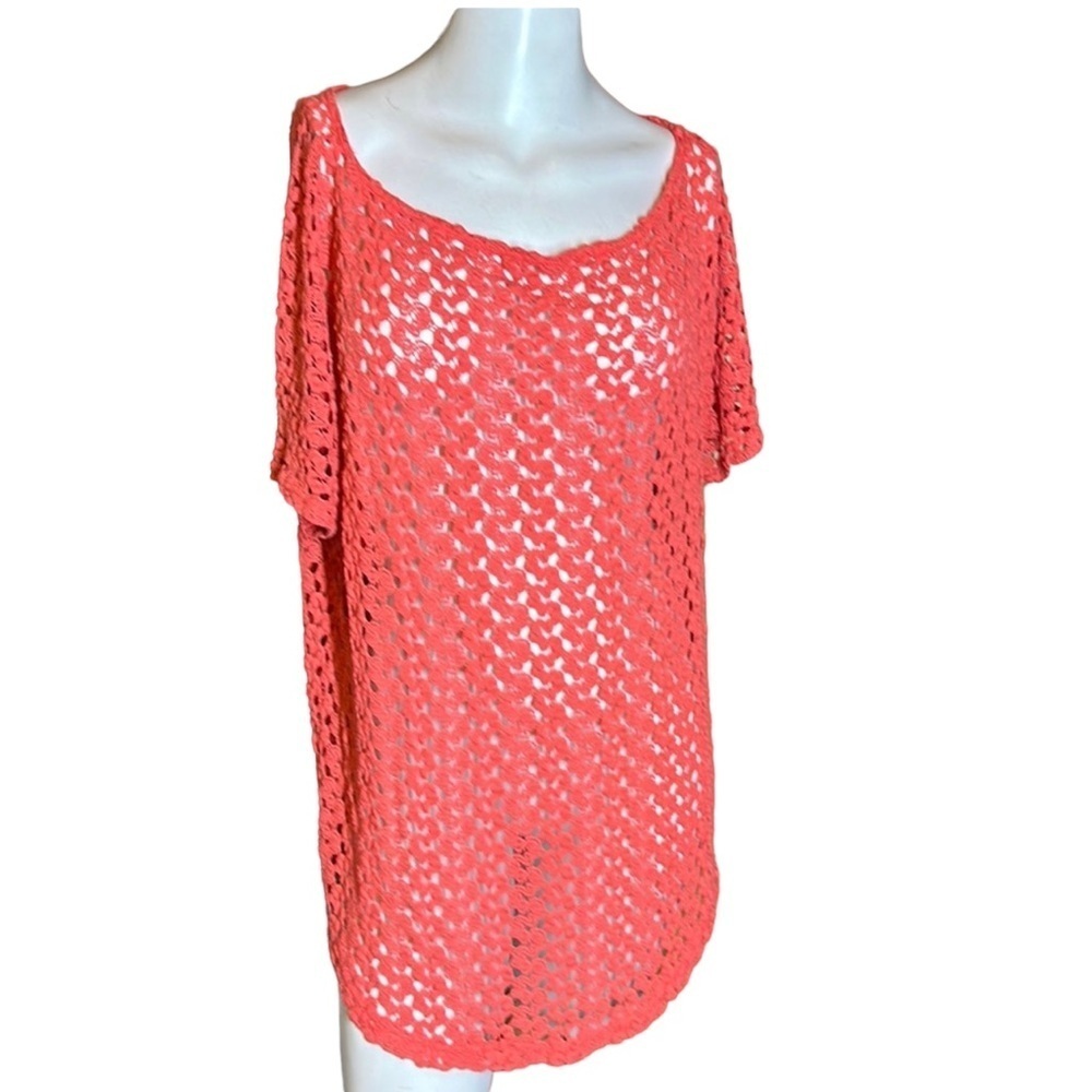 Staring at Stars Women Peach Orange Crochet Knit Shirt Sleeve Top Blouse Sz Med